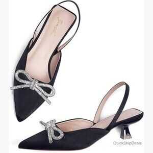Satin Slingback Rhinestone Bow Kitten Heel Pumps Closed Toe Wedding Shoes
